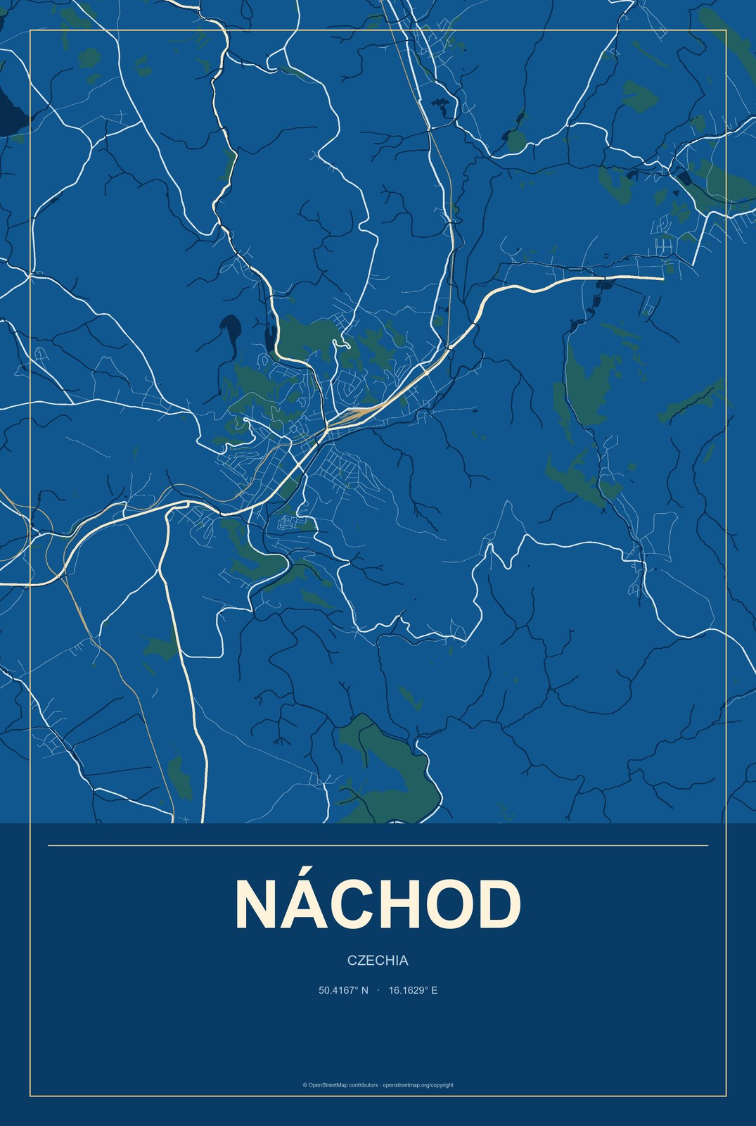 Náchod, Czechia City Map Aluminum Sign in Harbor Cobalt style