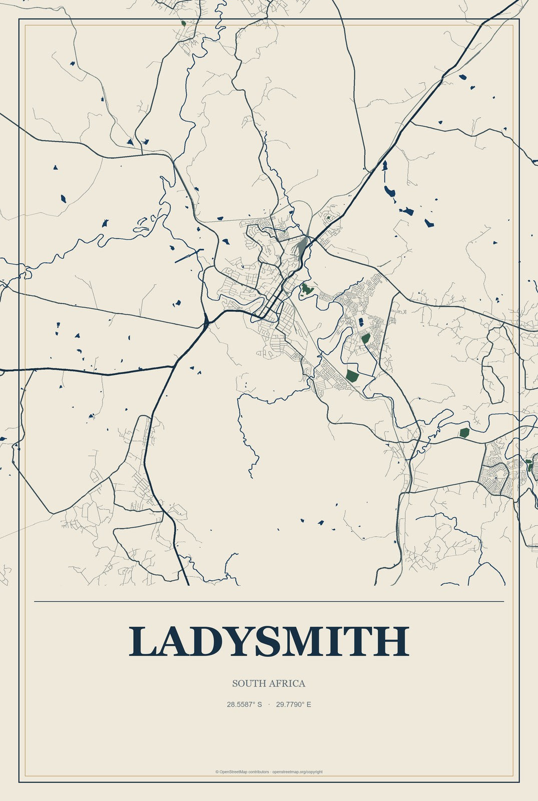 Ladysmith, South Africa City Map Aluminum Sign in Coastal Cutout style