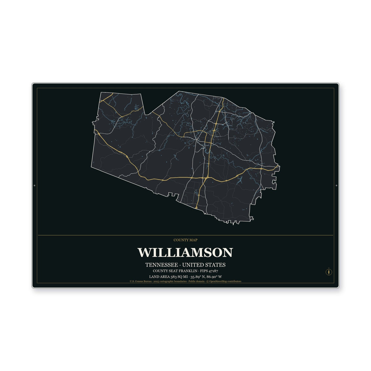 Williamson County, Tennessee Map Aluminum Sign in Metropolitan Noir style