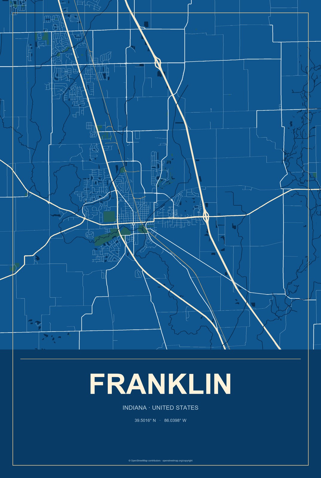 Franklin, Indiana City Map Aluminum Sign in Harbor Cobalt style