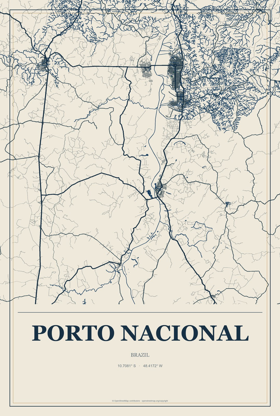 Porto Nacional, Brazil City Map Aluminum Sign in Coastal Cutout style