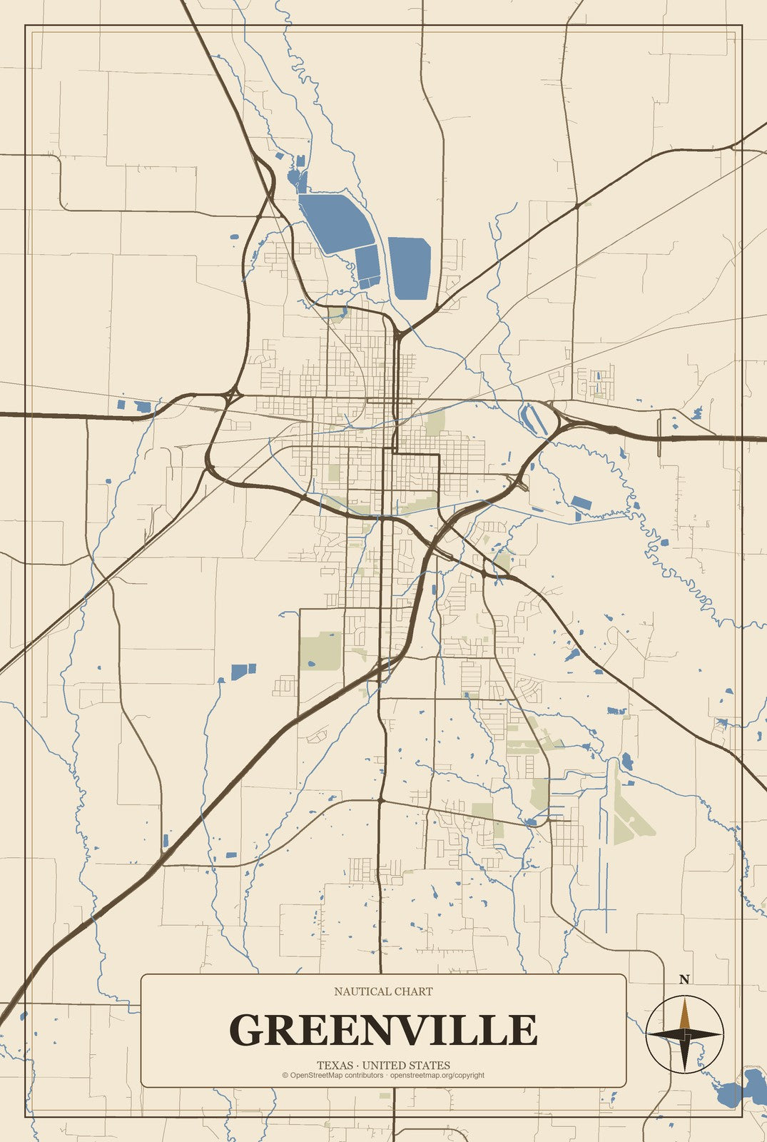 Greenville, Texas City Map Aluminum Sign in Heritage Nautical style