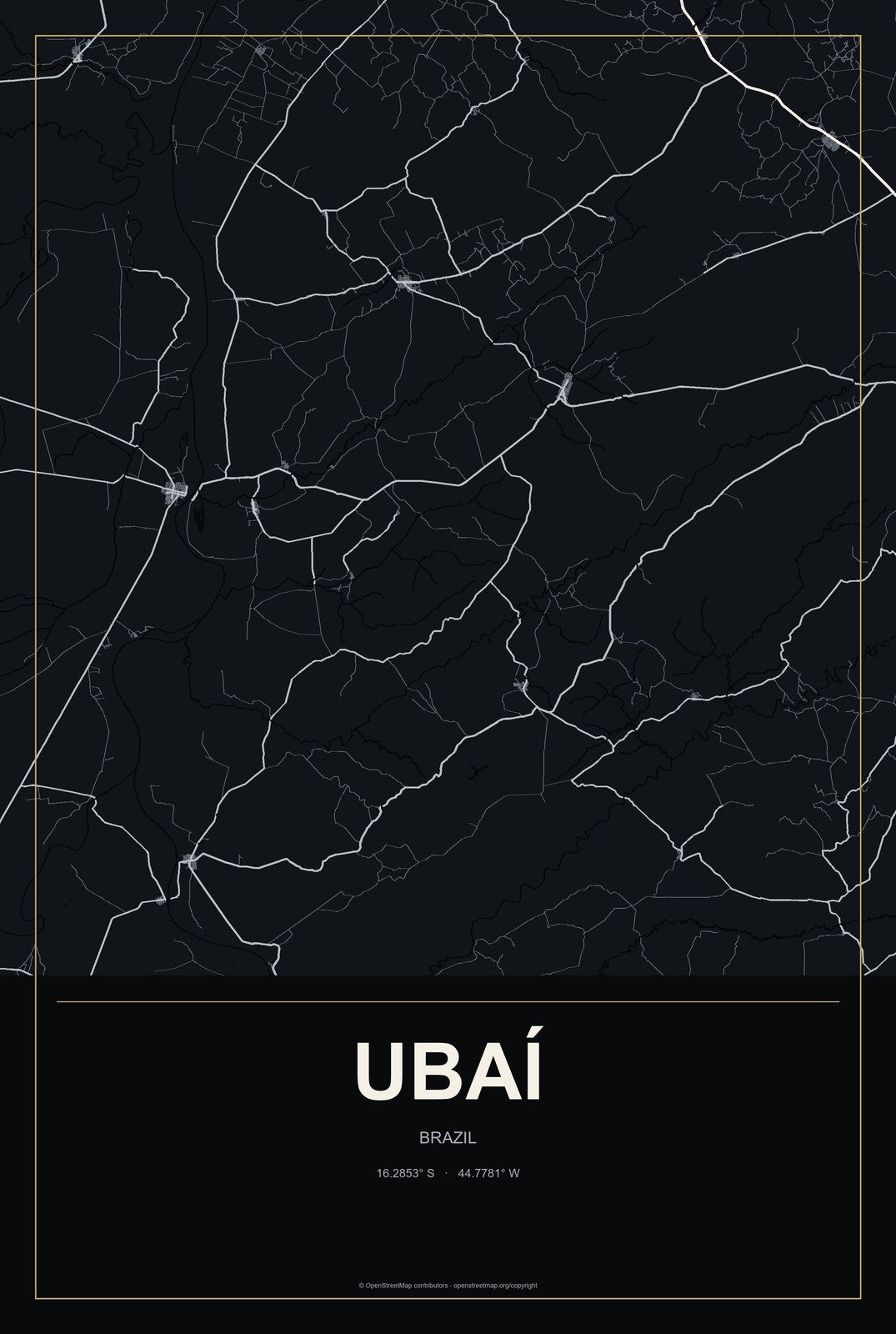 Ubaí, Brazil City Map Aluminum Sign in Metropolitan Noir style