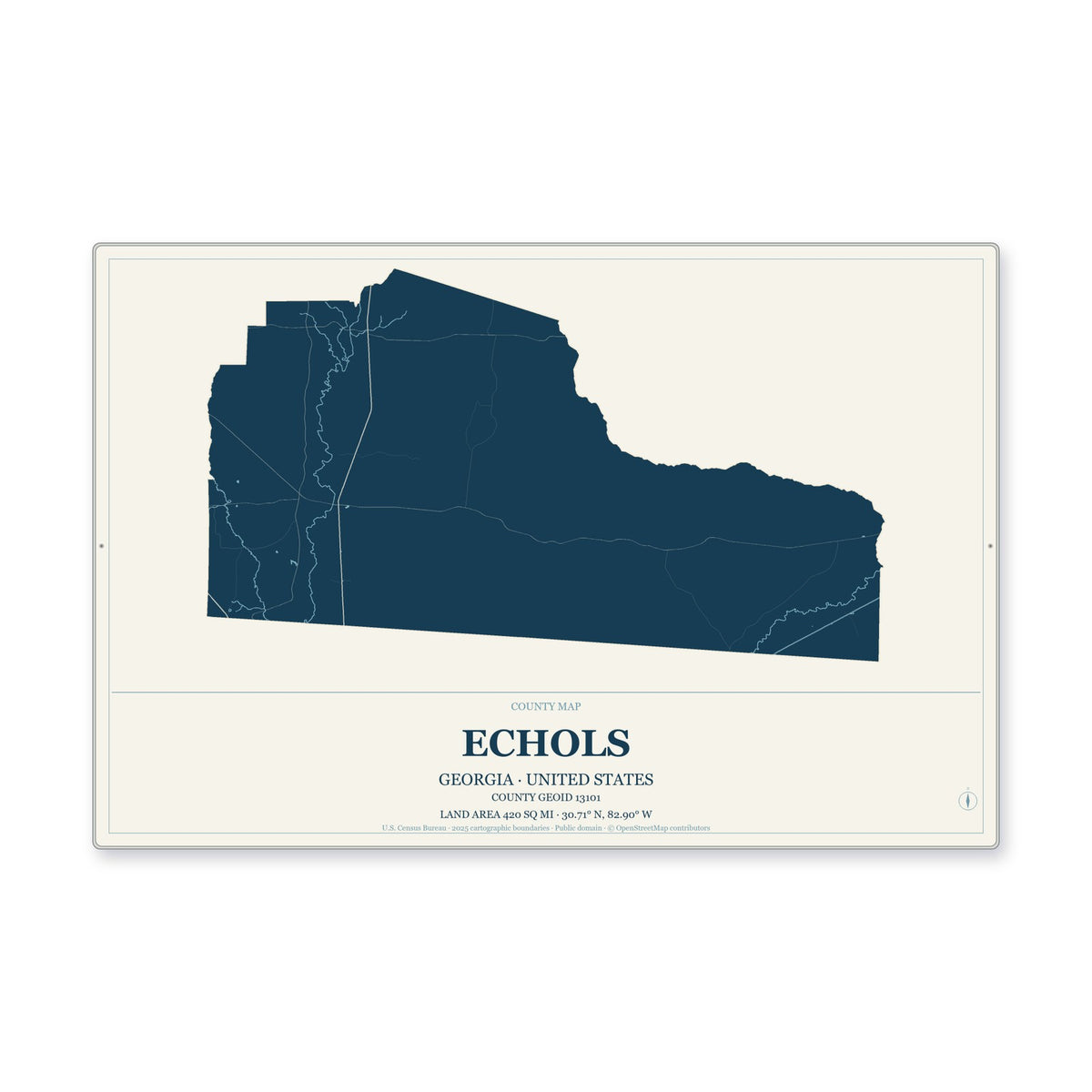 Echols County, Georgia Map Aluminum Sign in Coastal Cutout style