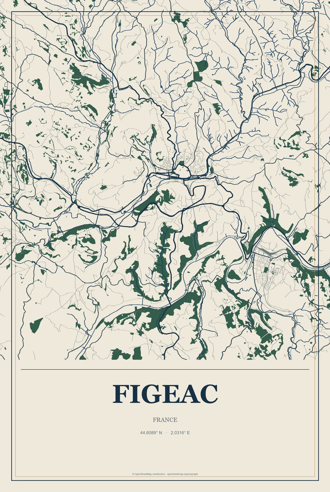 Figeac, France City Map Aluminum Sign in Coastal Cutout style