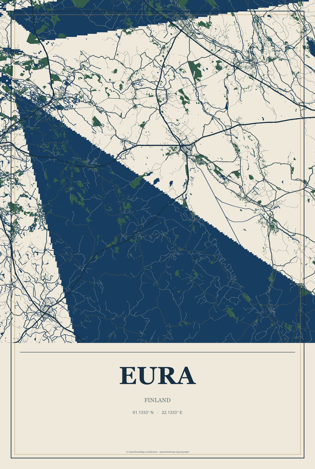 Eura, Finland City Map Aluminum Sign in Coastal Cutout style