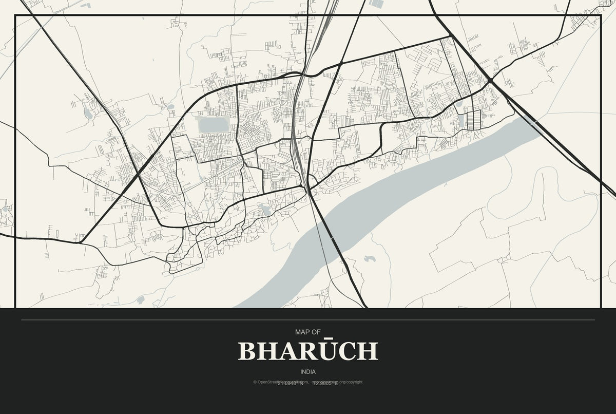 Bharūch, India City Map Aluminum Sign in Museum Plaque style