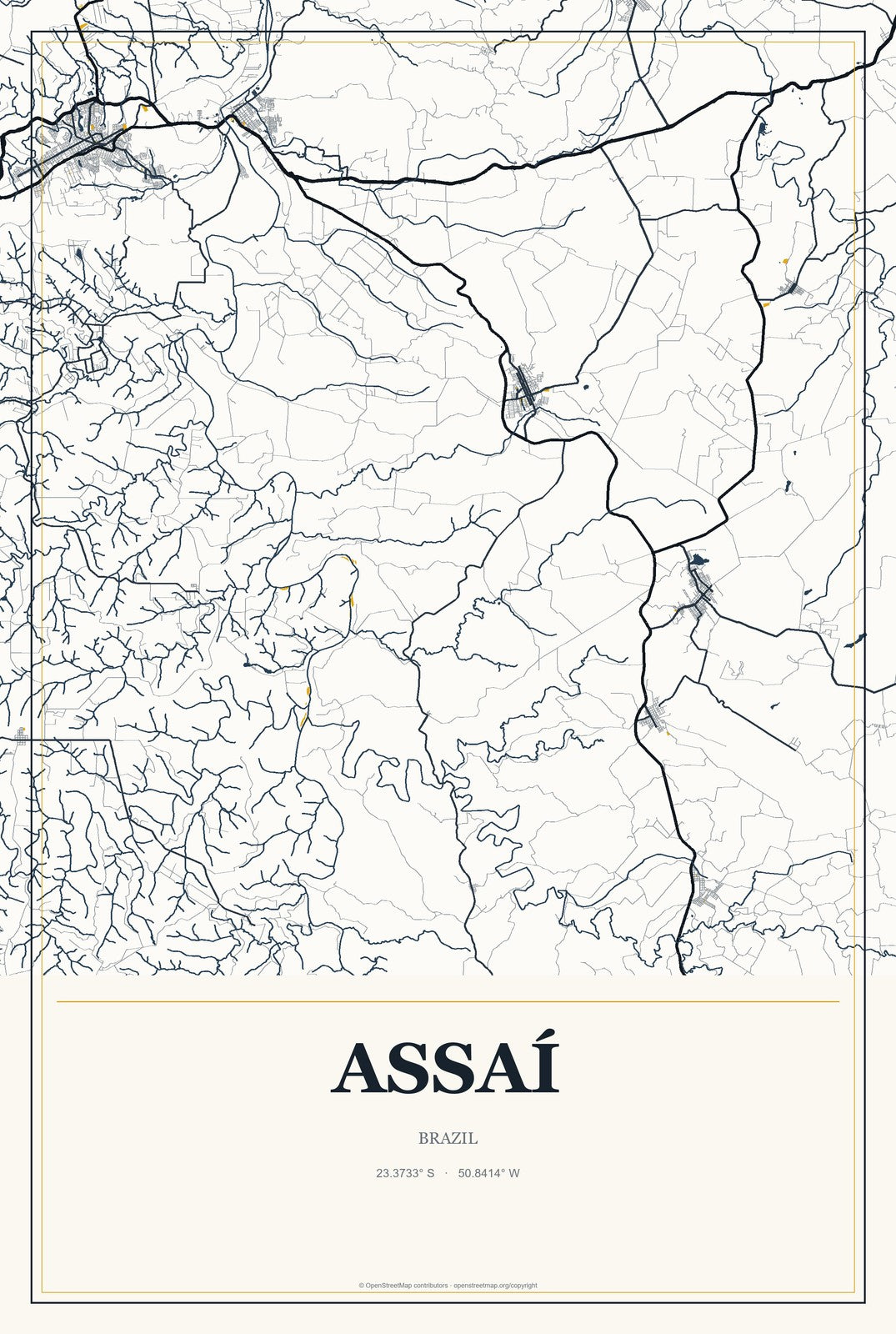 Assaí, Brazil City Map Aluminum Sign in Citrine Modern style