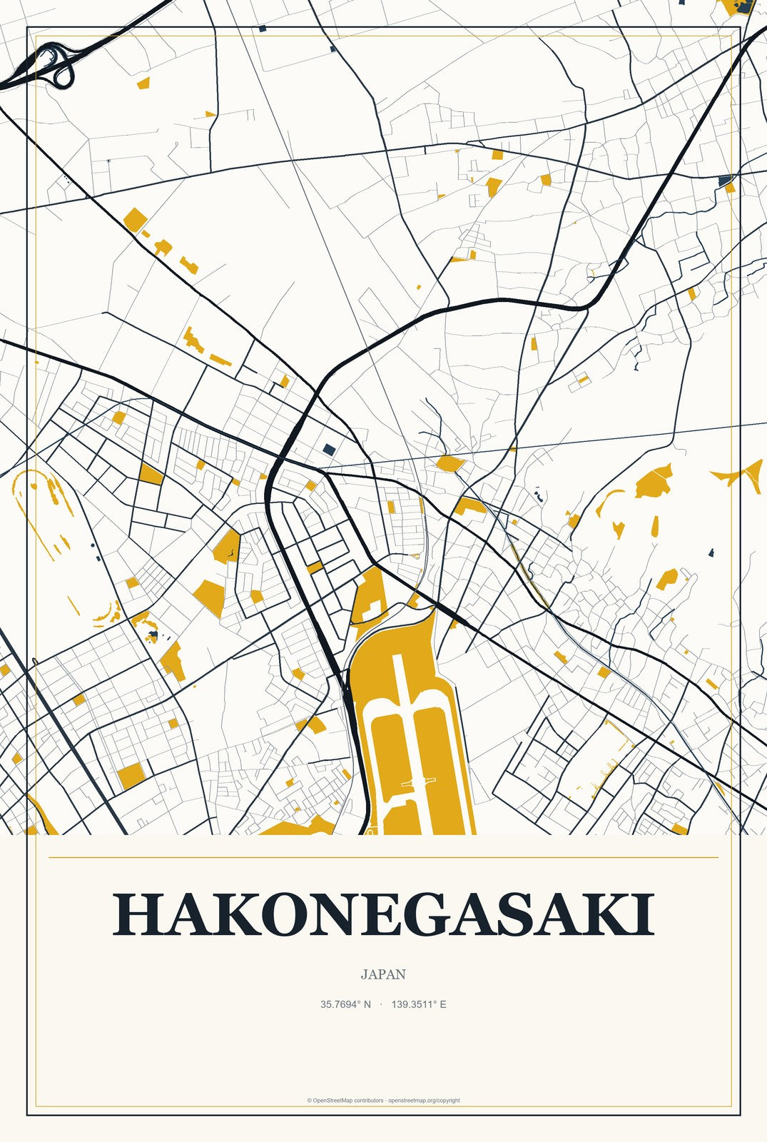 Hakonegasaki, Japan City Map Aluminum Sign in Citrine Modern style