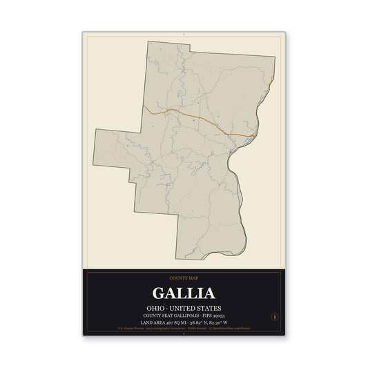 Gallia County, Ohio Map Aluminum Sign in Museum Plaque style