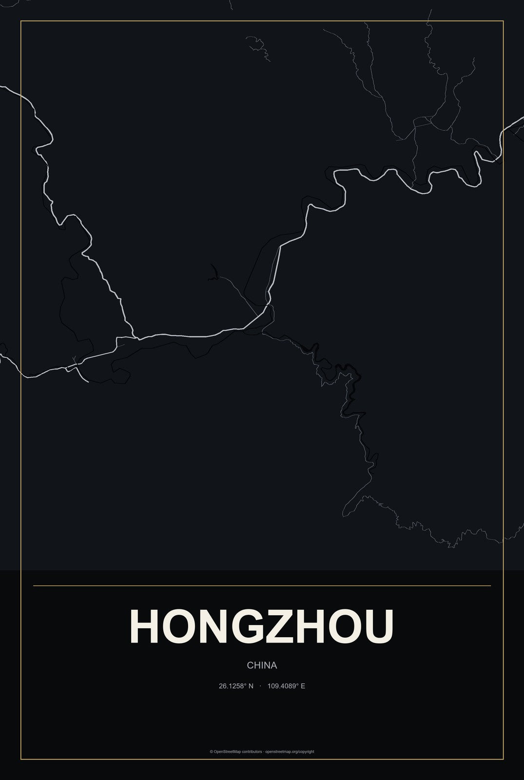 Hongzhou, China City Map Aluminum Sign in Metropolitan Noir style