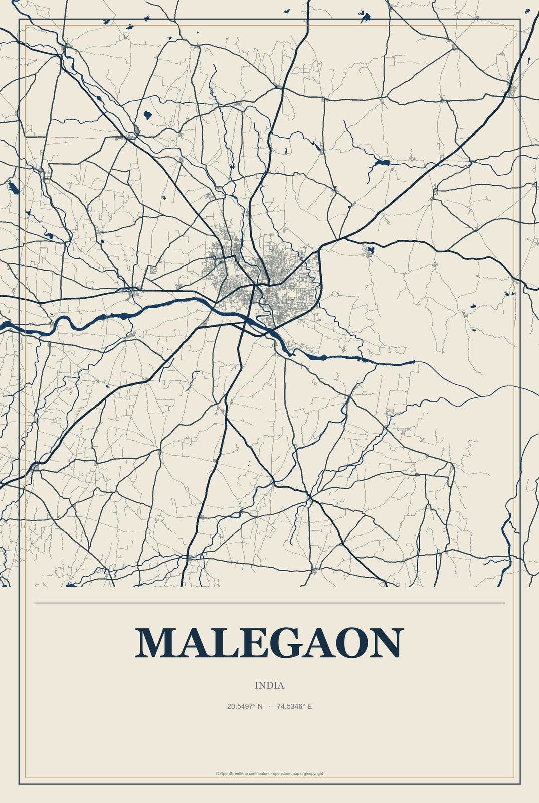 Malegaon, India City Map Aluminum Sign in Coastal Cutout style