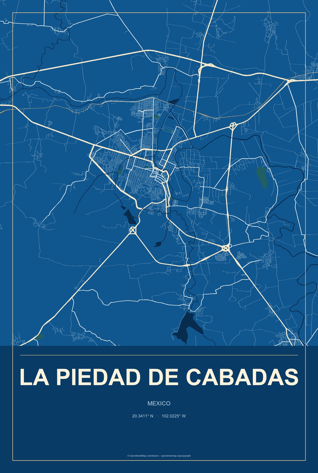 La Piedad de Cabadas, Mexico City Map Aluminum Sign in Harbor Cobalt style