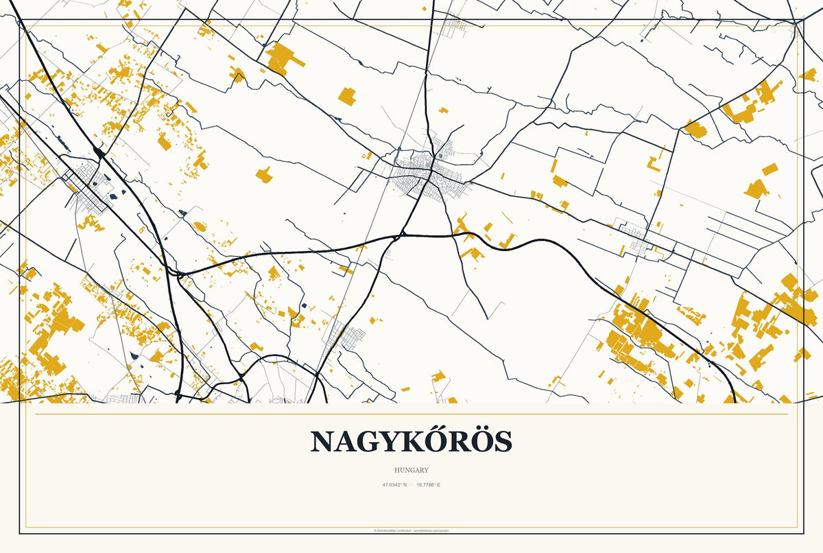 Nagykőrös, Hungary City Map Aluminum Sign in Citrine Modern style