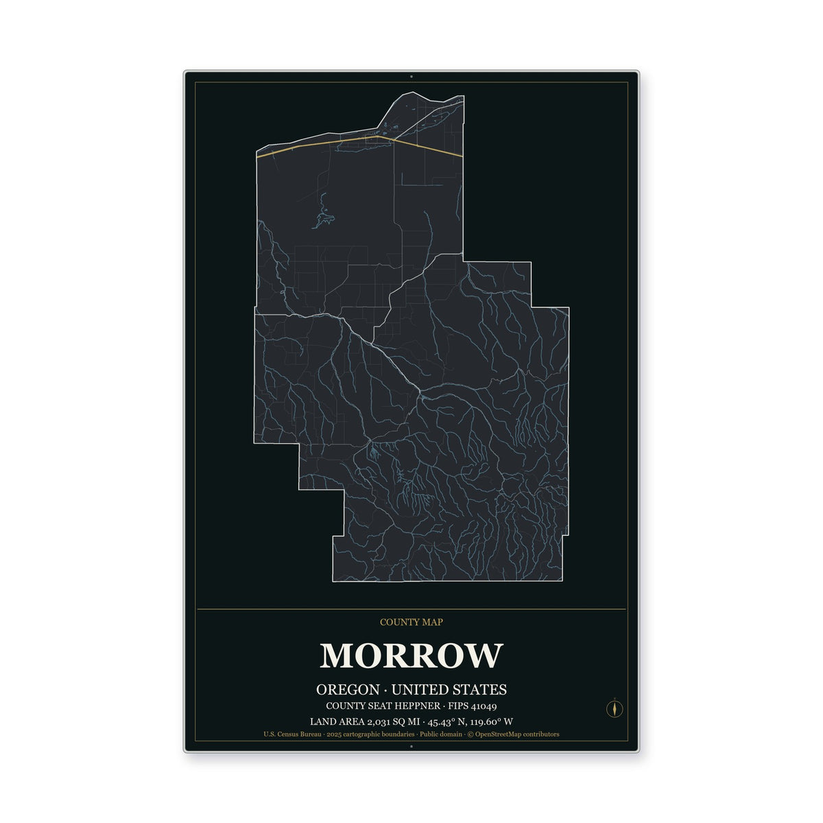 Morrow County, Oregon Map Aluminum Sign in Metropolitan Noir style