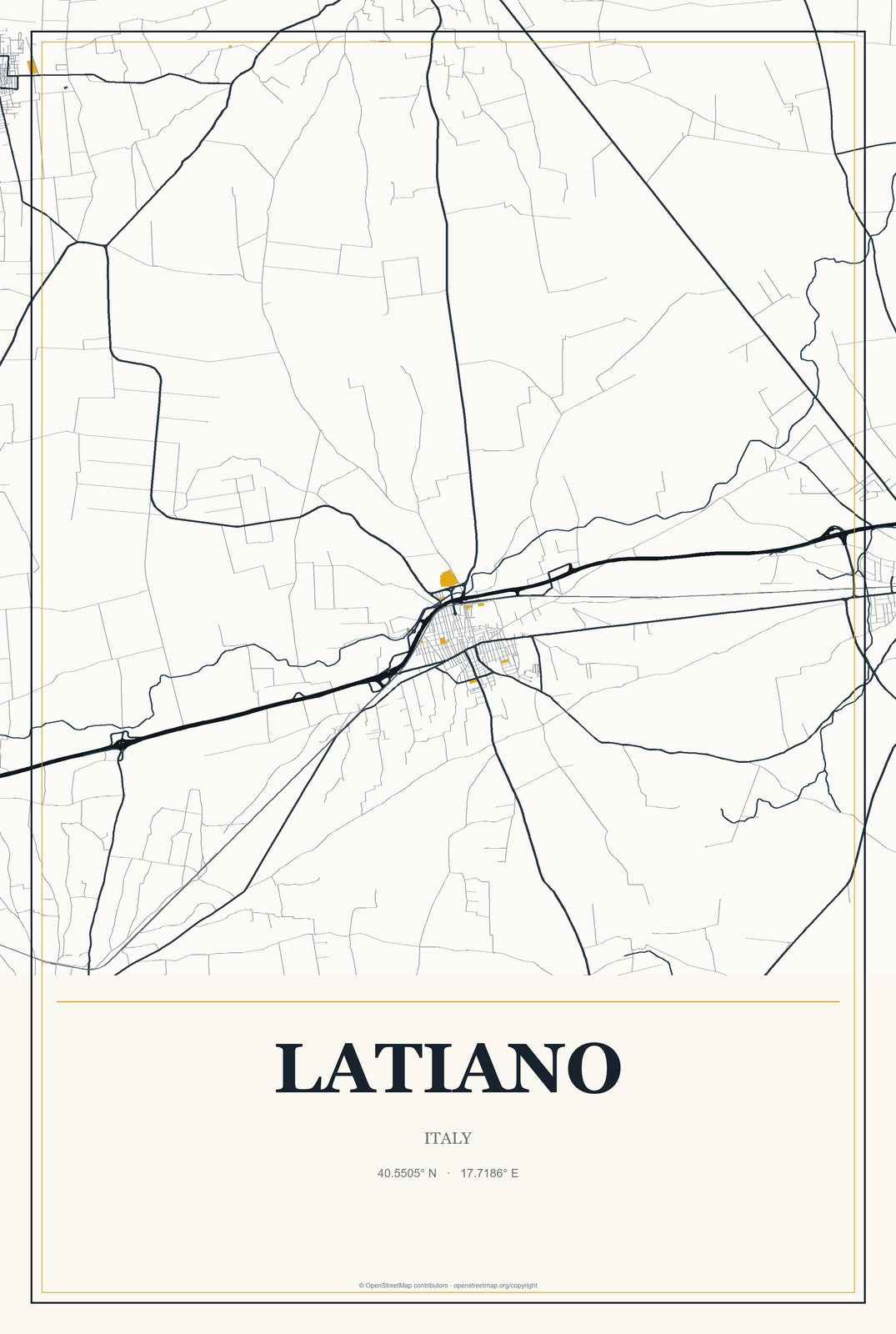 Latiano, Italy City Map Aluminum Sign in Citrine Modern style