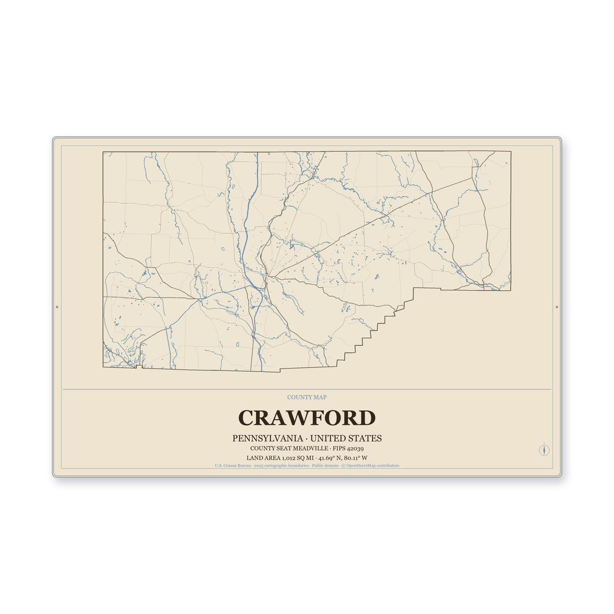 Crawford County, Pennsylvania Map Aluminum Sign in Heritage Nautical style