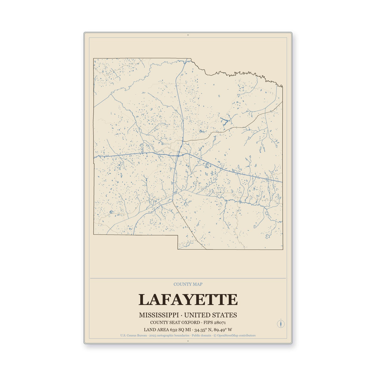 Lafayette County, Mississippi Map Aluminum Sign in Heritage Nautical style