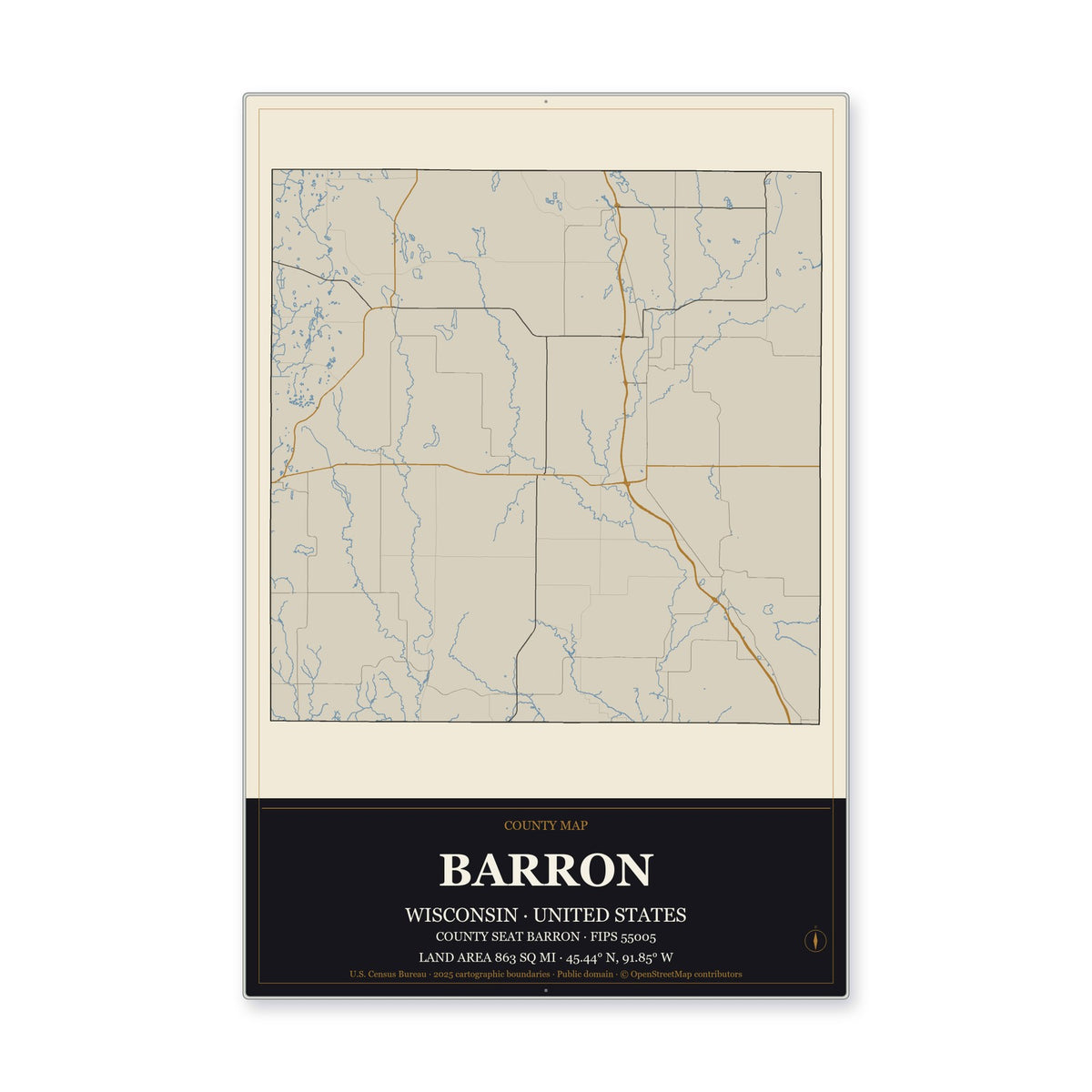 Barron County, Wisconsin Map Aluminum Sign in Museum Plaque style