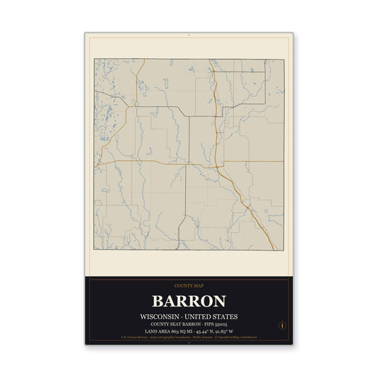 Barron County, Wisconsin Map Aluminum Sign in Museum Plaque style