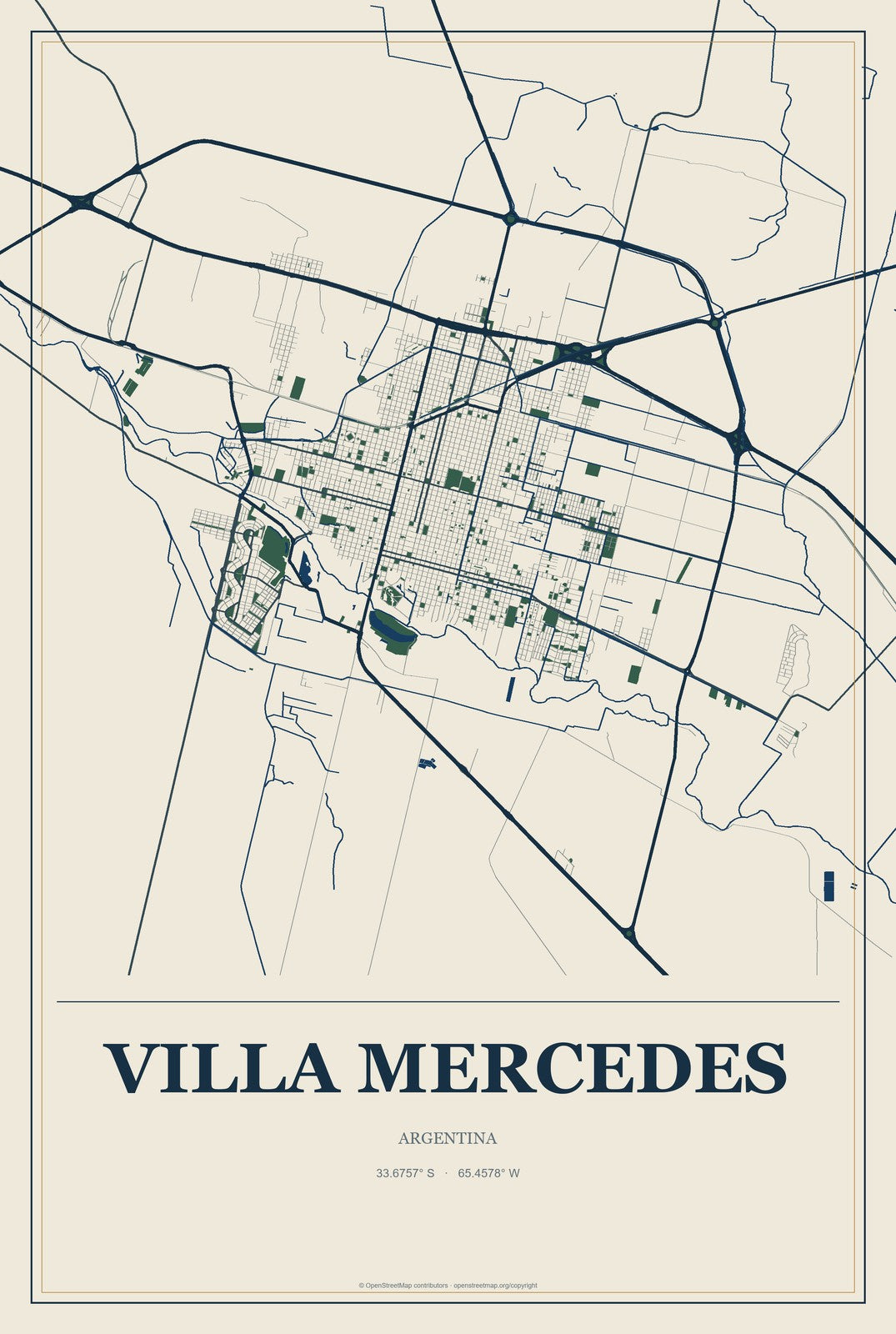 Villa Mercedes, Argentina City Map Aluminum Sign in Coastal Cutout style