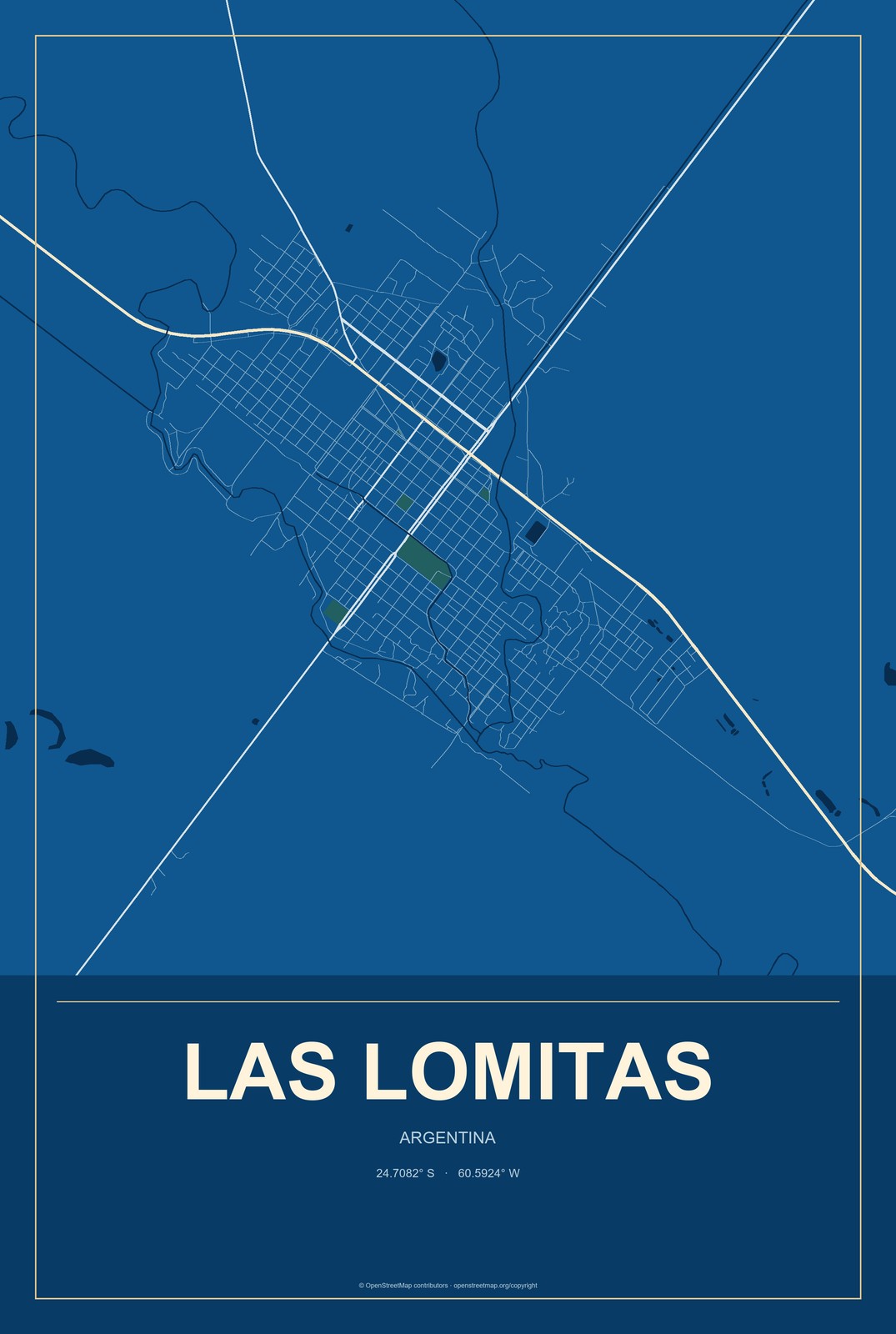 Las Lomitas, Argentina City Map Aluminum Sign in Harbor Cobalt style