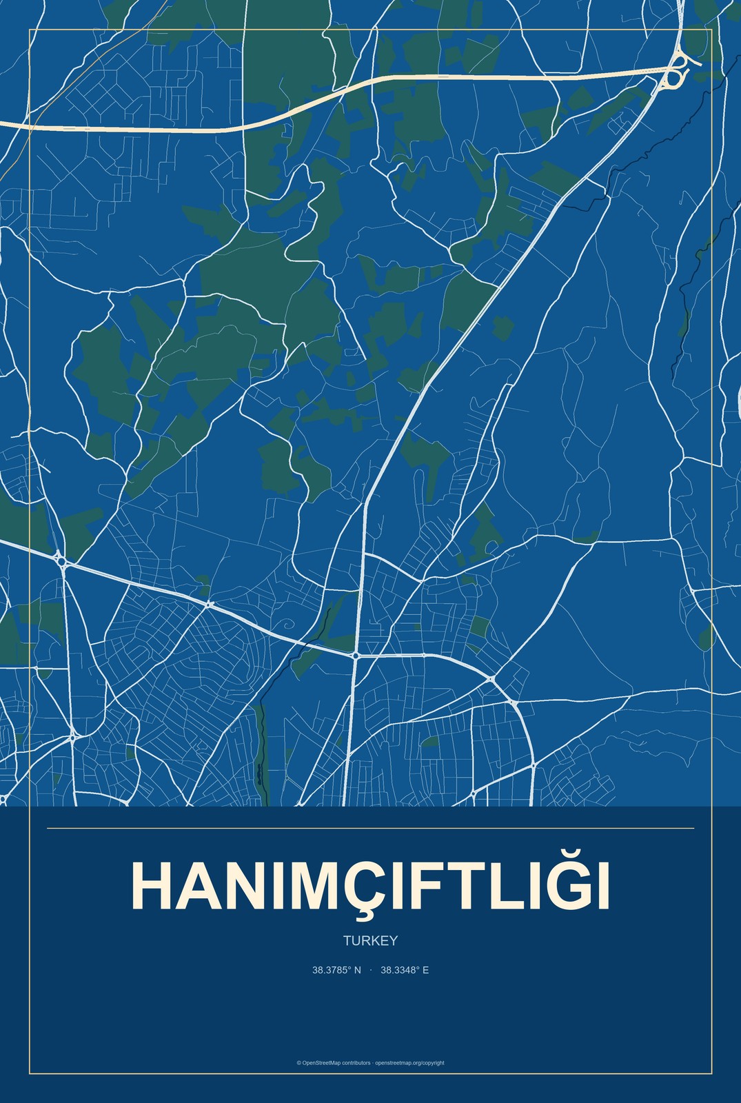 Hanımçiftliği, Turkey City Map Aluminum Sign in Harbor Cobalt style