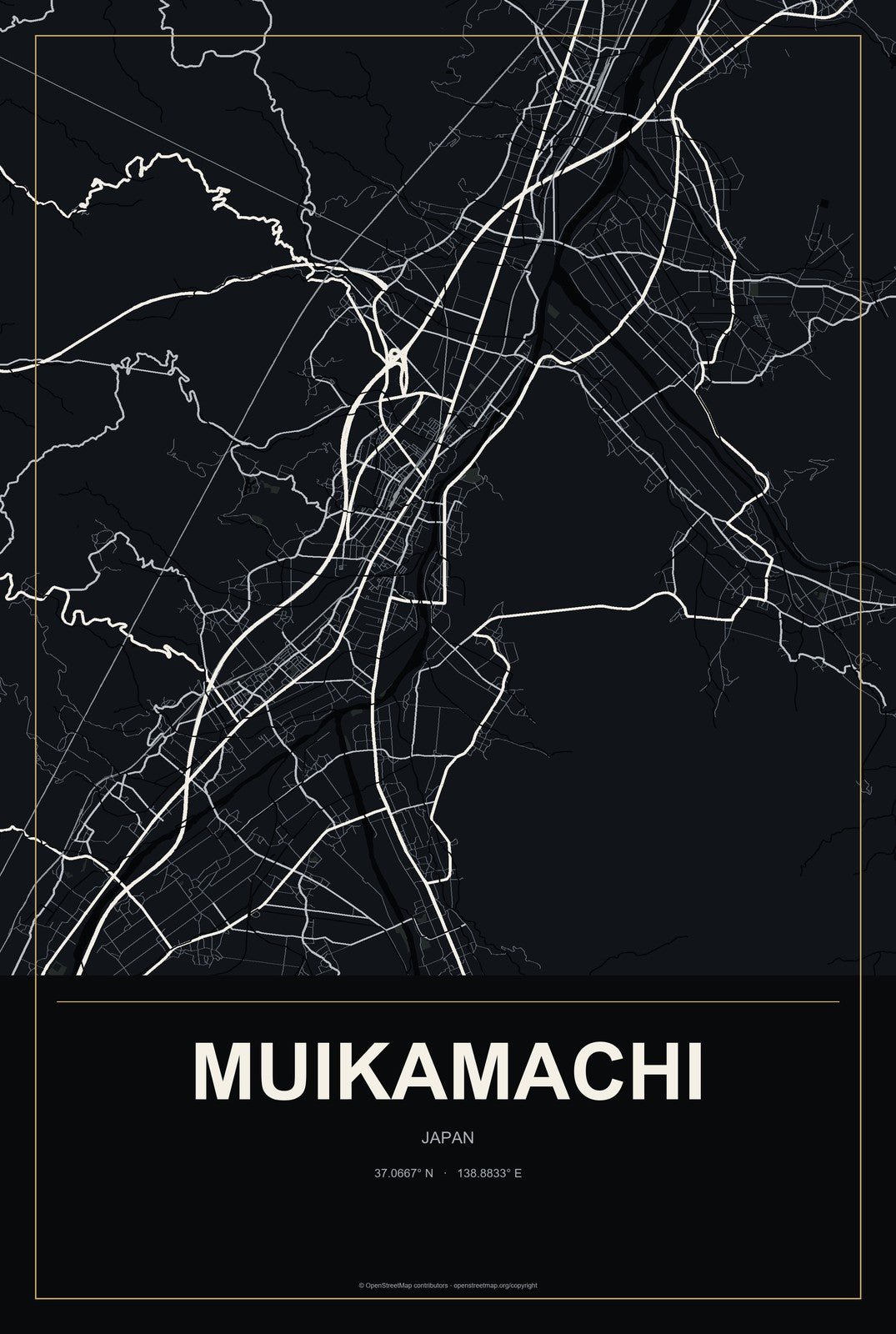 Muikamachi, Japan City Map Aluminum Sign in Metropolitan Noir style