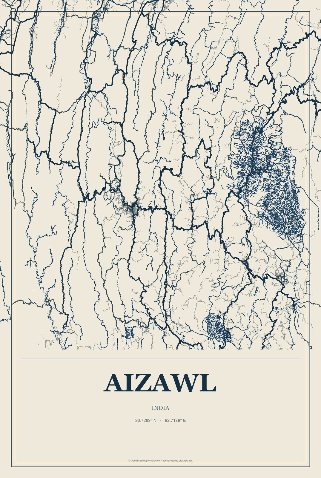 Aizawl, India City Map Aluminum Sign in Coastal Cutout style