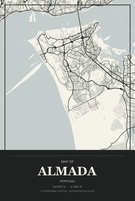 Almada, Portugal City Map Aluminum Sign in Museum Plaque style