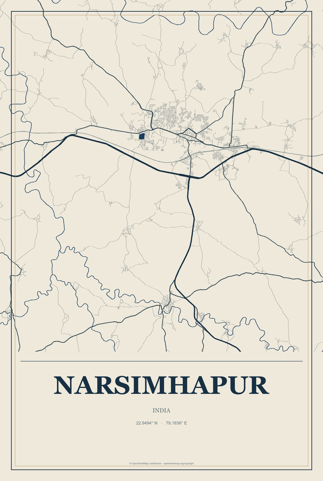 Narsimhapur, India City Map Aluminum Sign in Coastal Cutout style