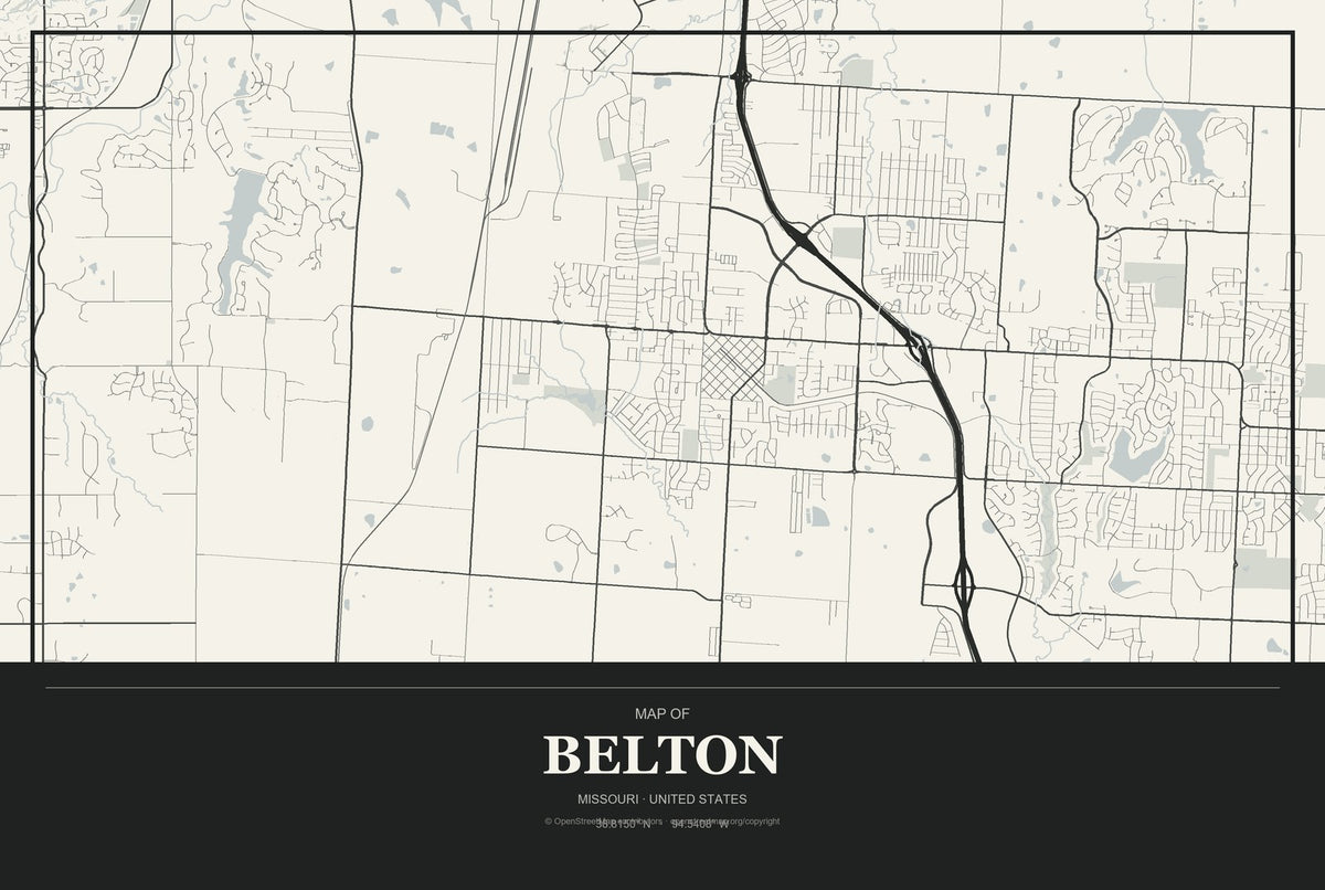 Belton, Missouri City Map Aluminum Sign in Museum Plaque style