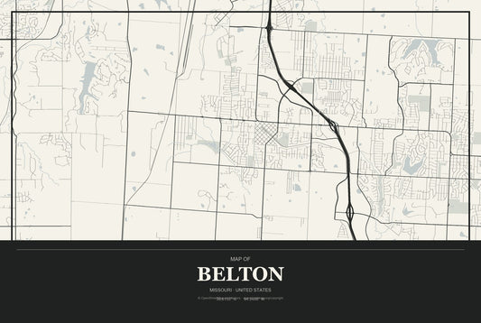 Belton, Missouri City Map Aluminum Sign in Museum Plaque style