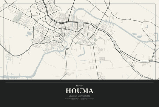 Houma, Louisiana City Map Aluminum Sign in Museum Plaque style