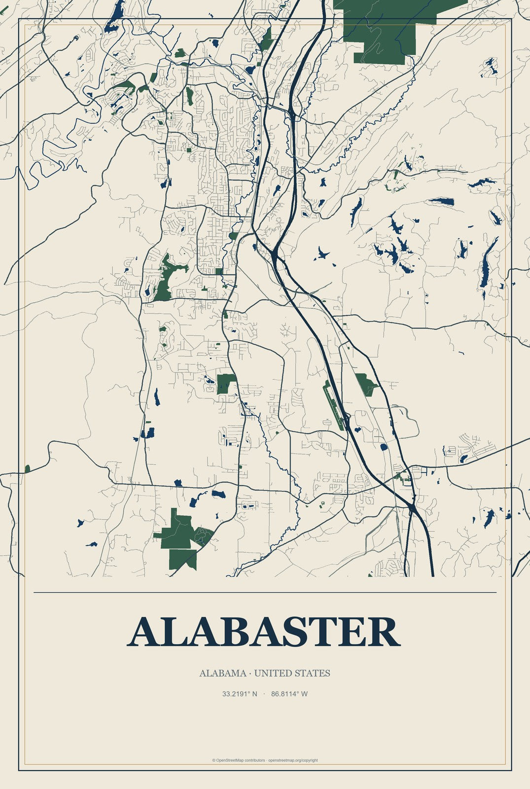 Alabaster, Alabama City Map Aluminum Sign in Coastal Cutout style
