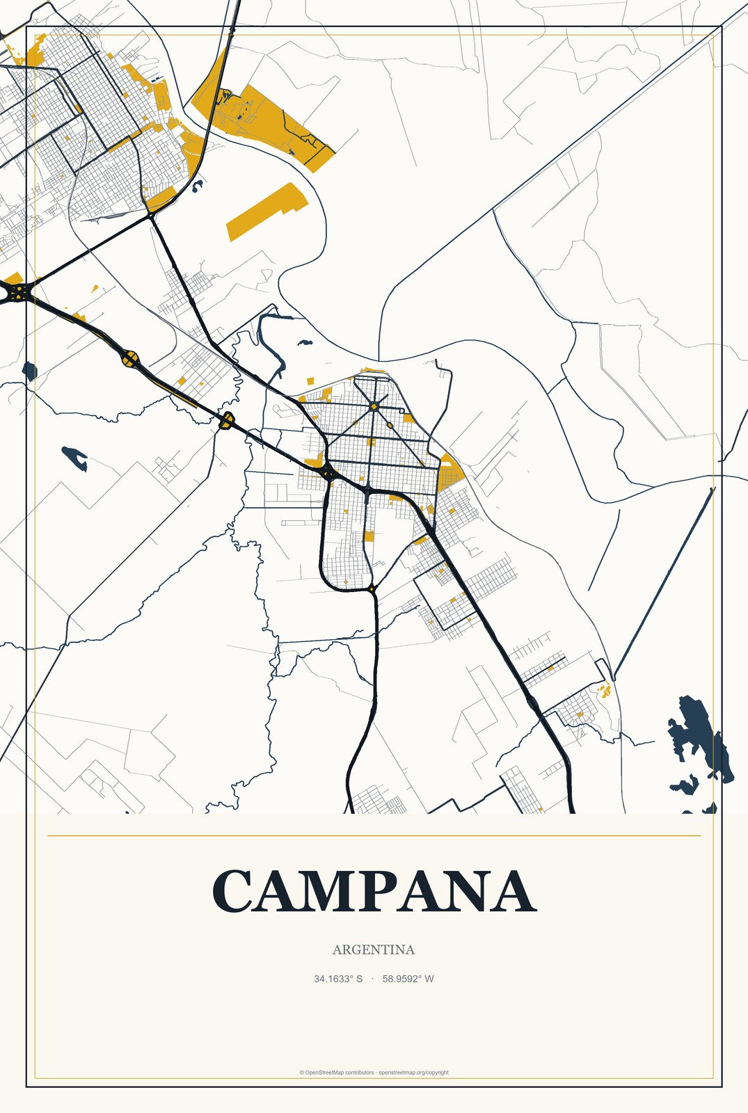 Campana, Argentina City Map Aluminum Sign in Citrine Modern style