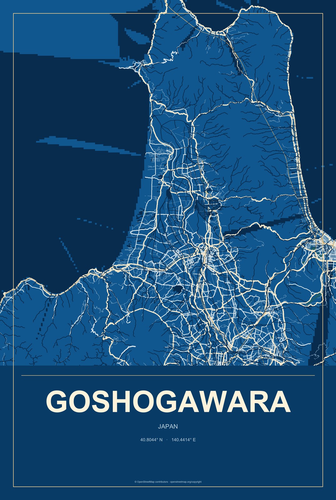 Goshogawara, Japan City Map Aluminum Sign in Harbor Cobalt style