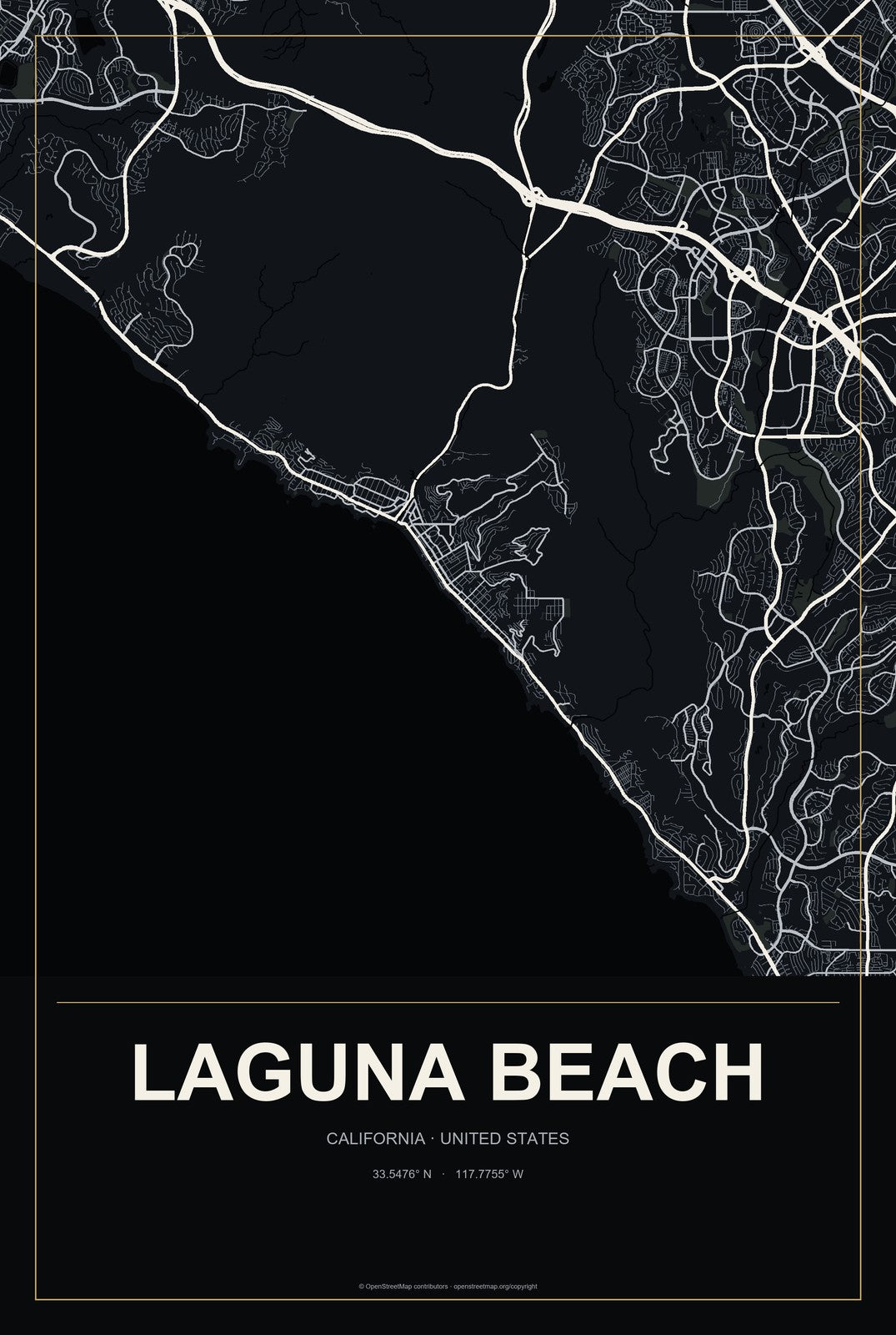 Laguna Beach, California City Map Aluminum Sign in Metropolitan Noir style