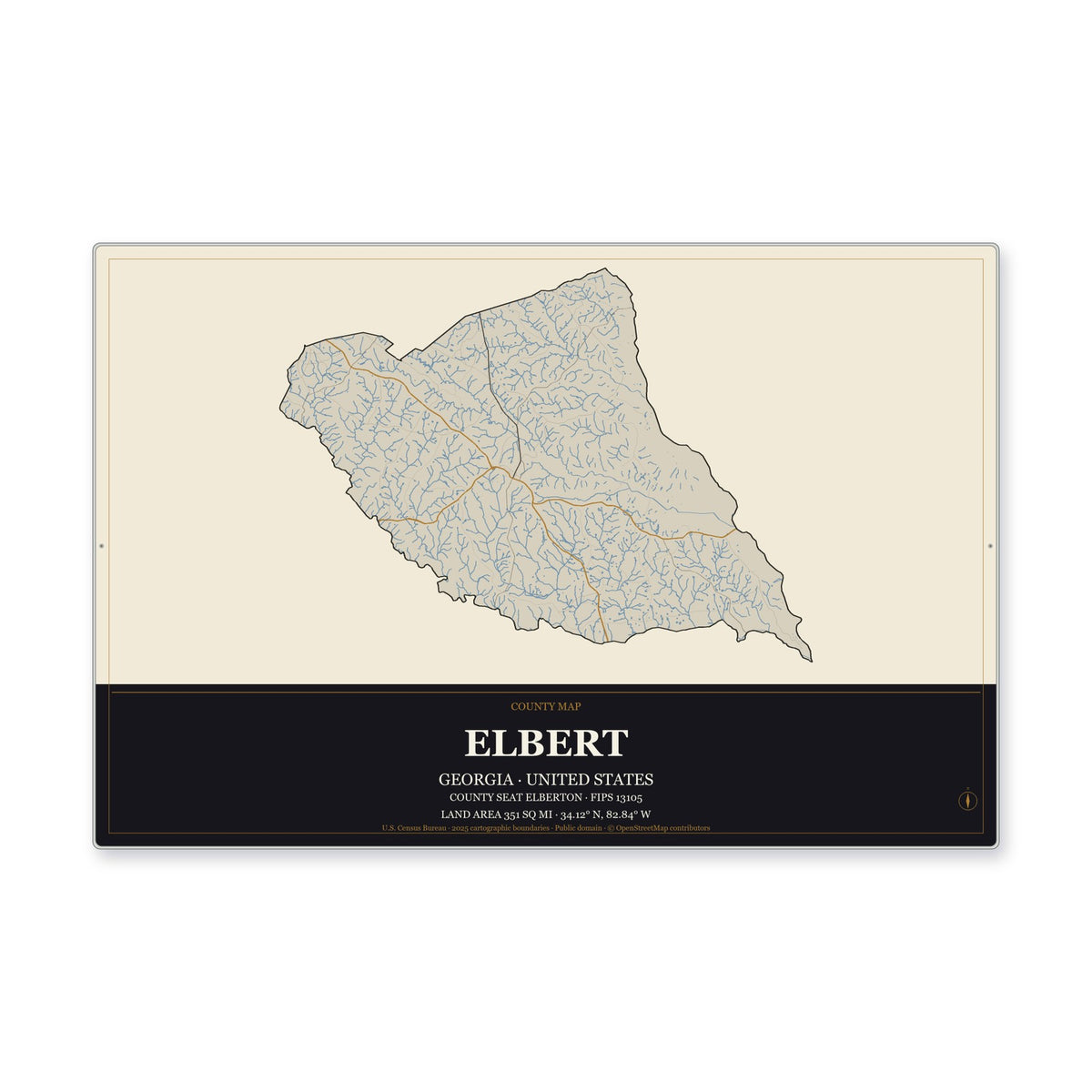 Elbert County, Georgia Map Aluminum Sign in Museum Plaque style