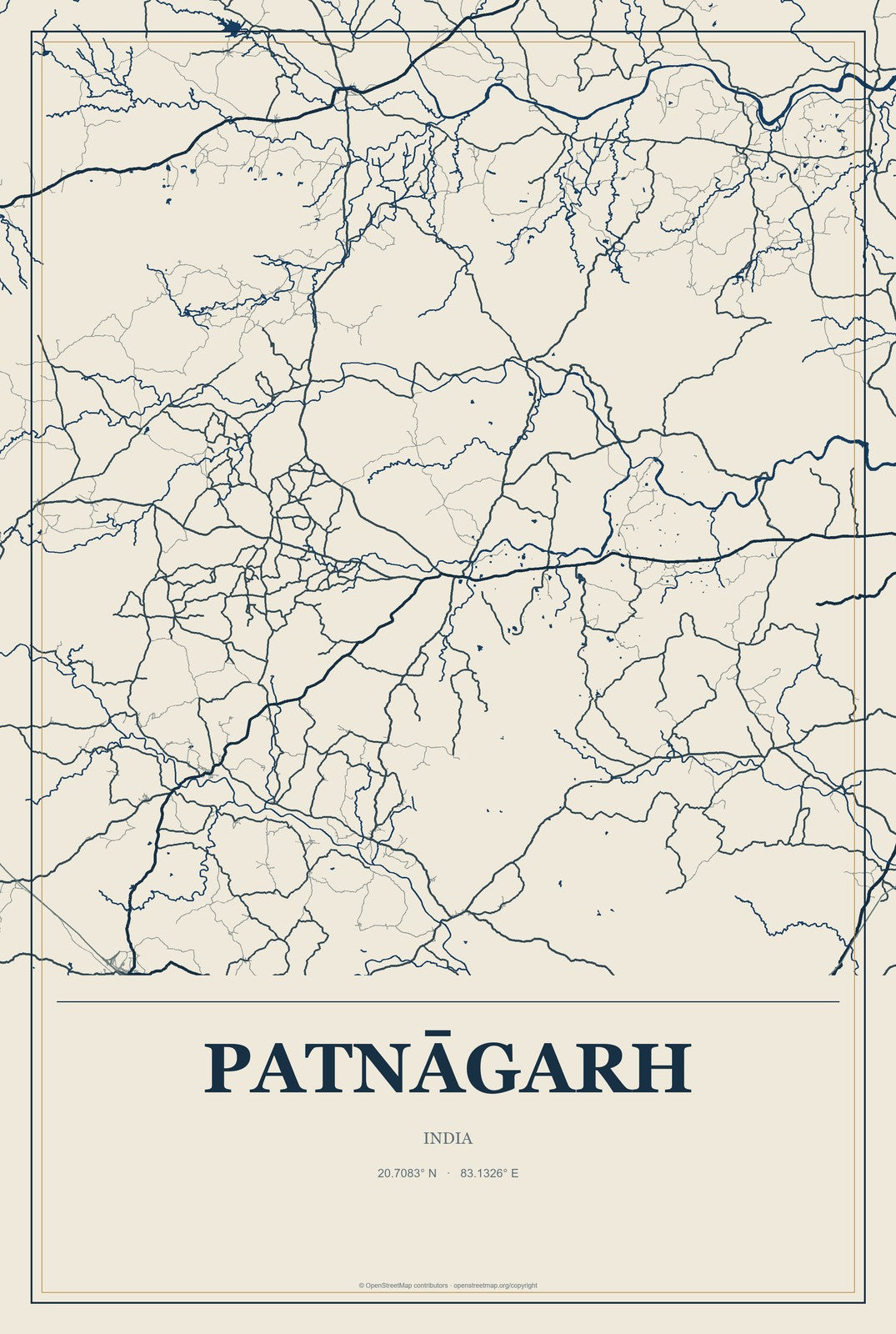 Patnāgarh, India City Map Aluminum Sign in Coastal Cutout style