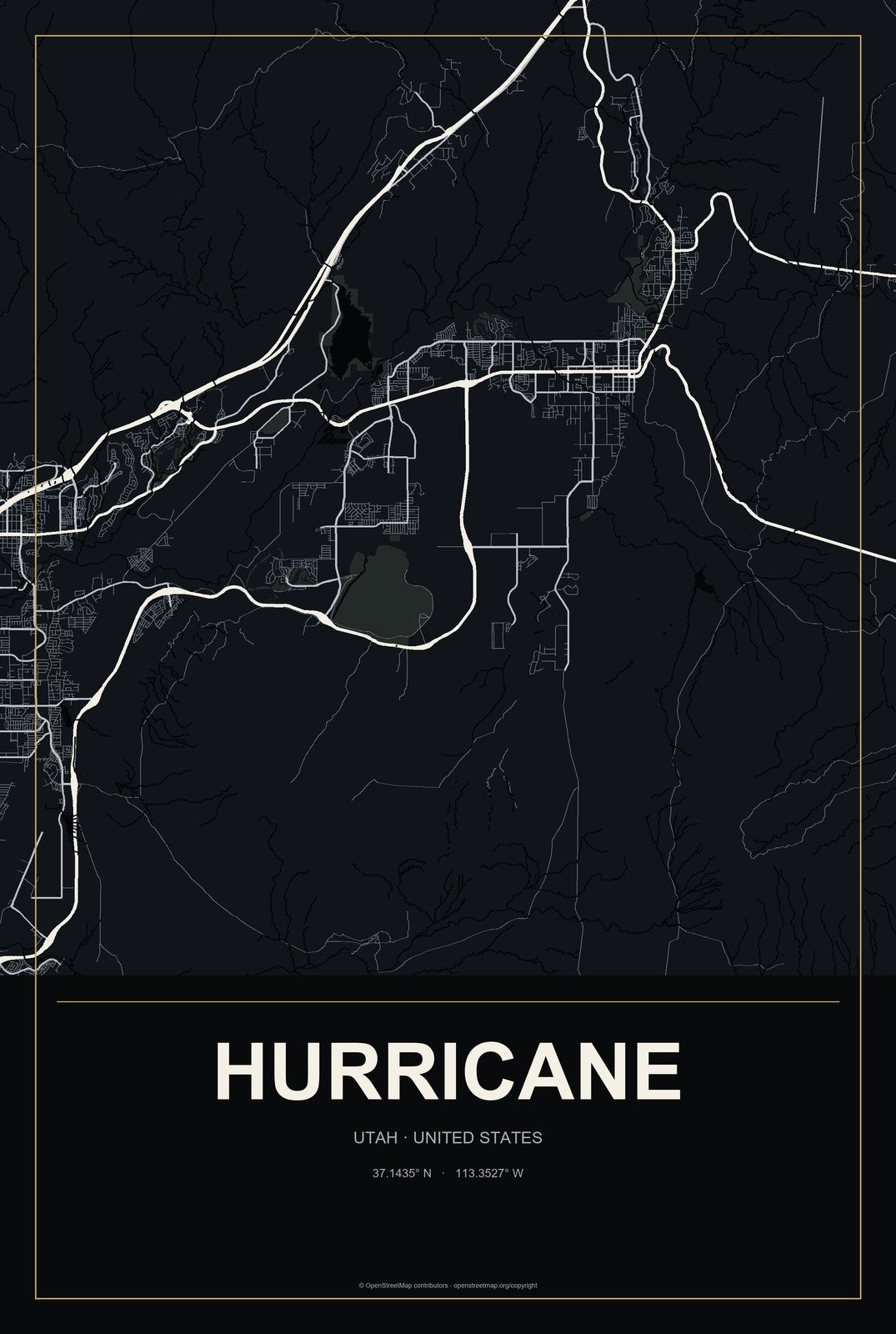 Hurricane, Utah City Map Aluminum Sign in Metropolitan Noir style