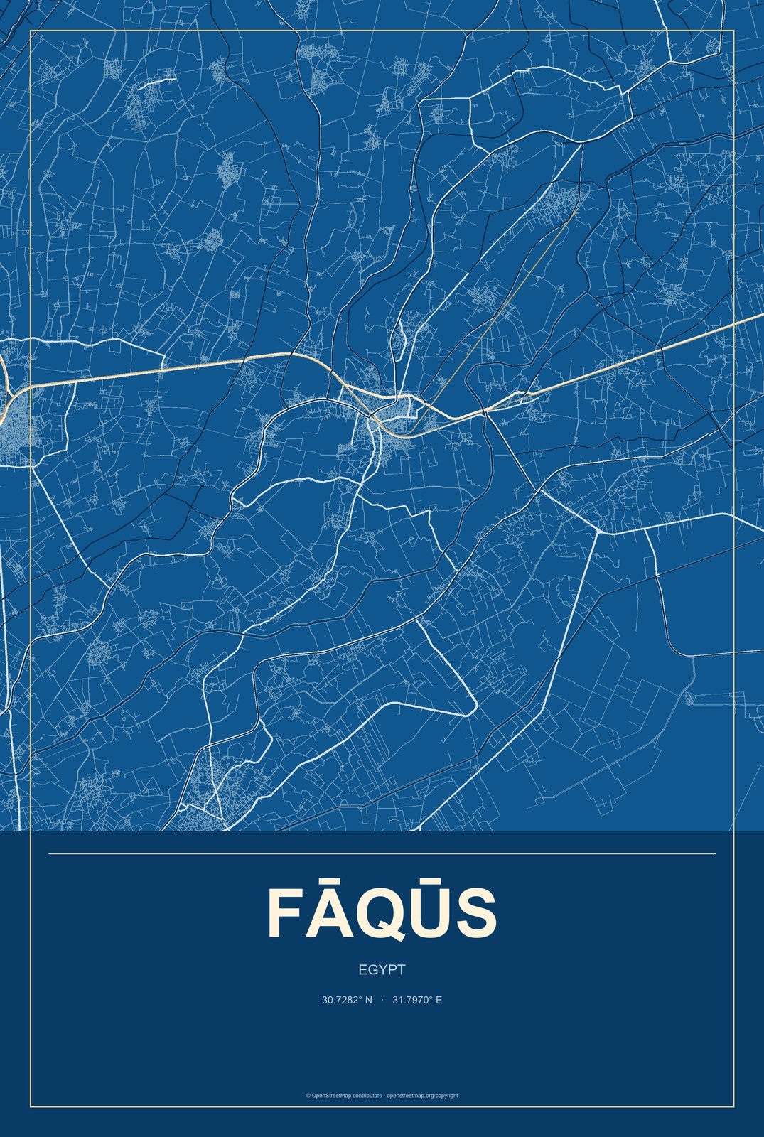 Fāqūs, Egypt City Map Aluminum Sign in Harbor Cobalt style