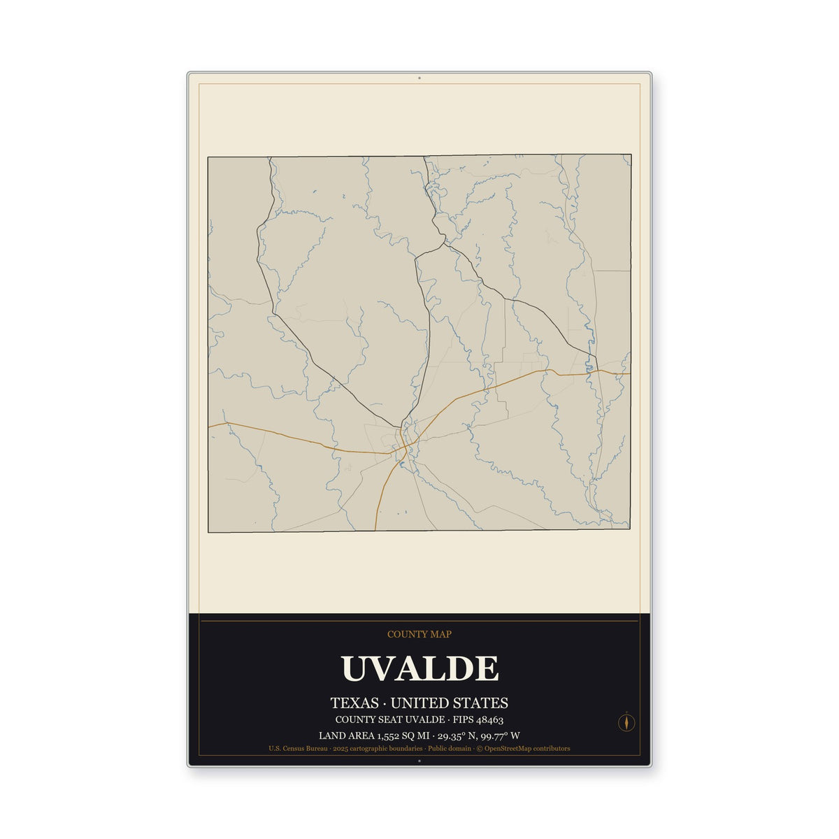 Uvalde County, Texas Map Aluminum Sign in Museum Plaque style