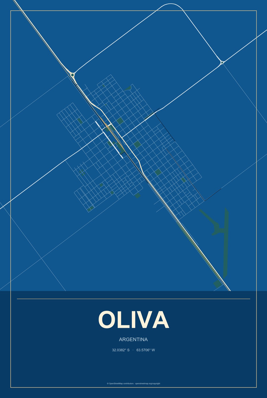 Oliva, Argentina City Map Aluminum Sign in Harbor Cobalt style