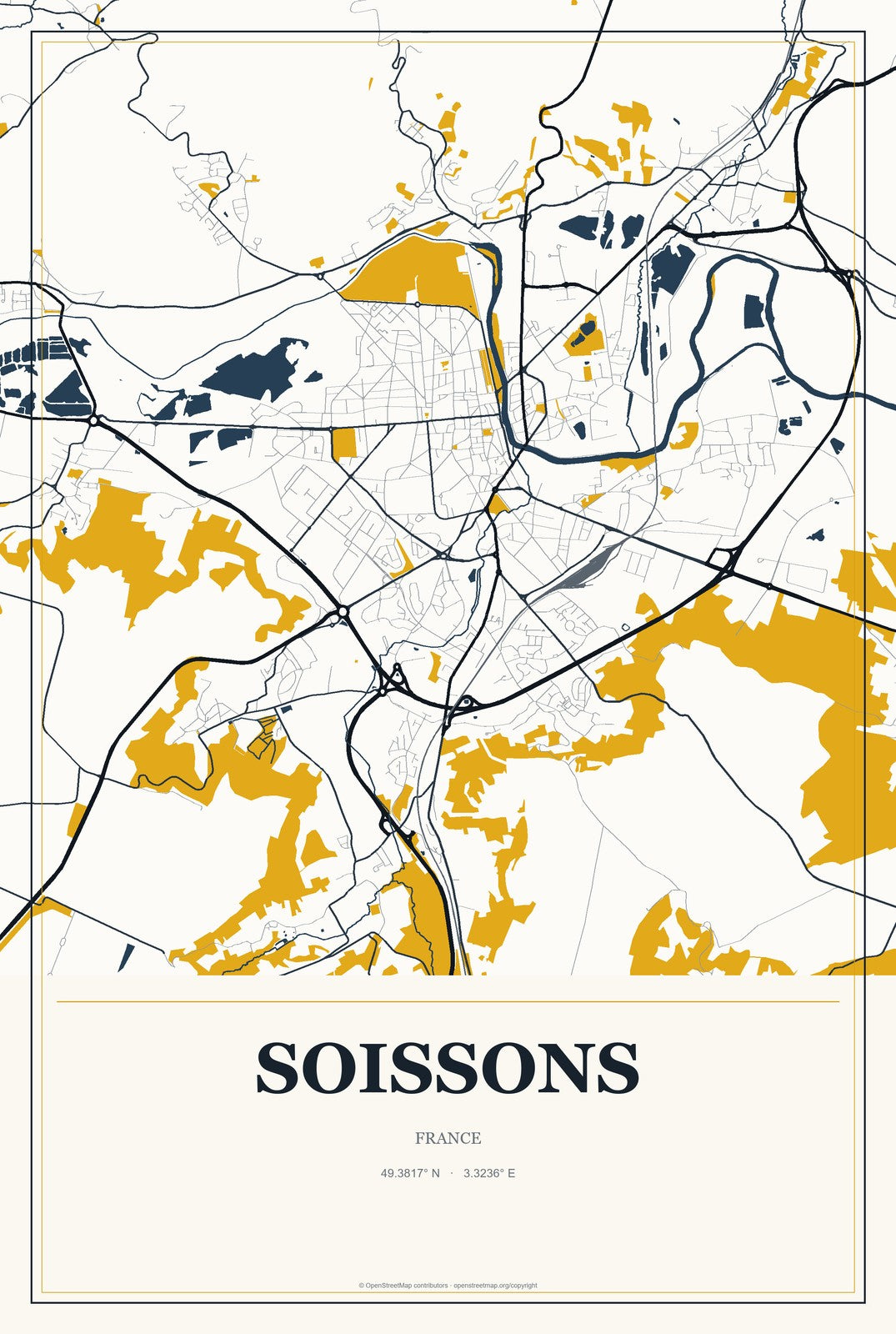 Soissons, France City Map Aluminum Sign in Citrine Modern style