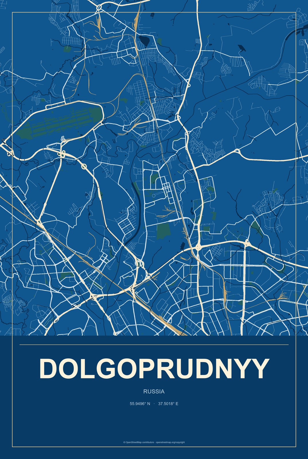 Dolgoprudnyy, Russia City Map Aluminum Sign in Harbor Cobalt style