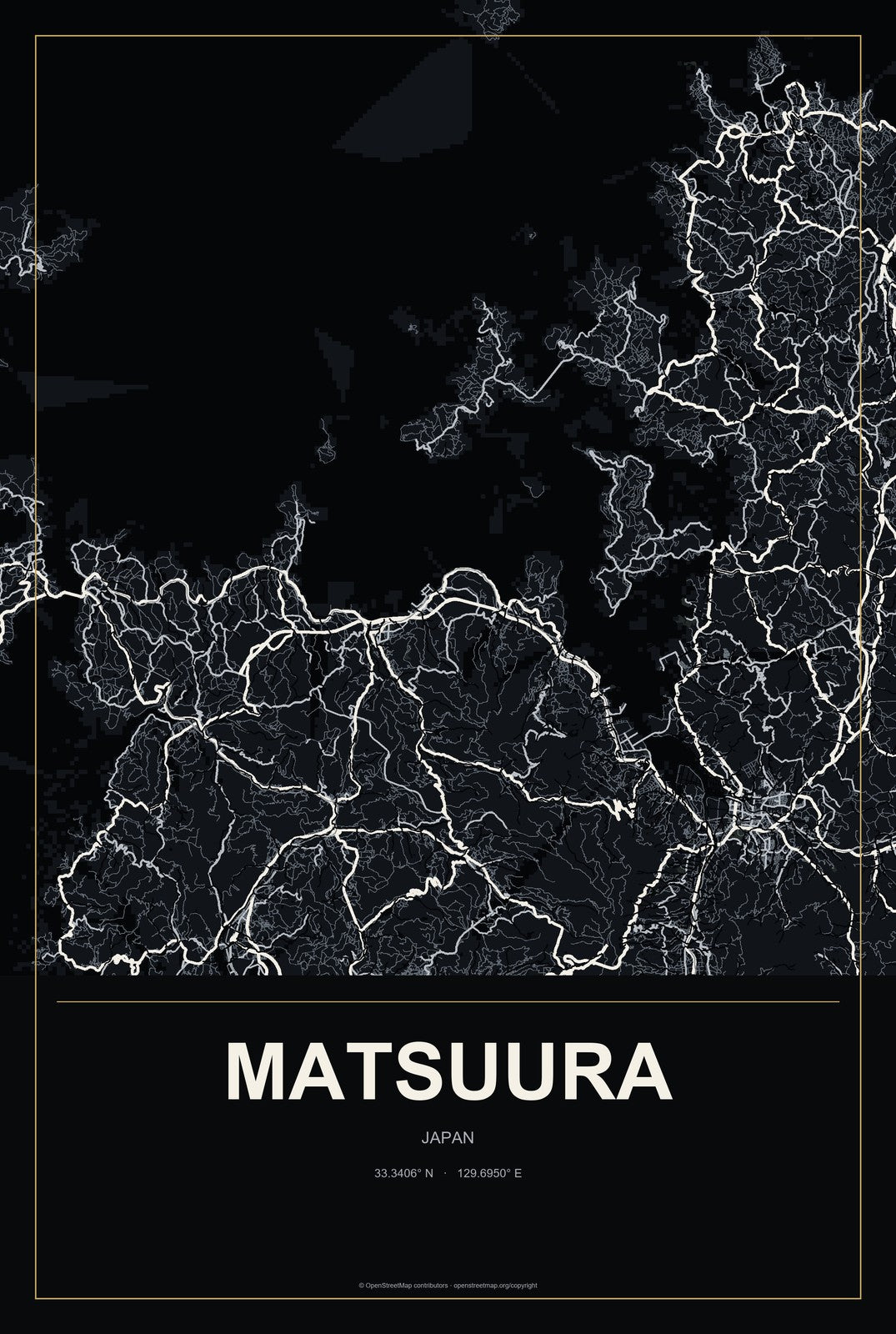 Matsuura, Japan City Map Aluminum Sign in Metropolitan Noir style
