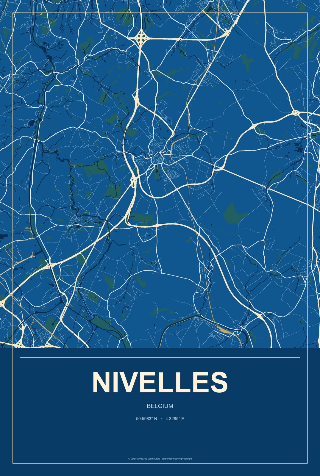 Nivelles, Belgium City Map Aluminum Sign in Harbor Cobalt style