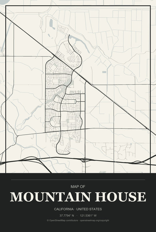 Mountain House, California City Map Aluminum Sign in Museum Plaque style