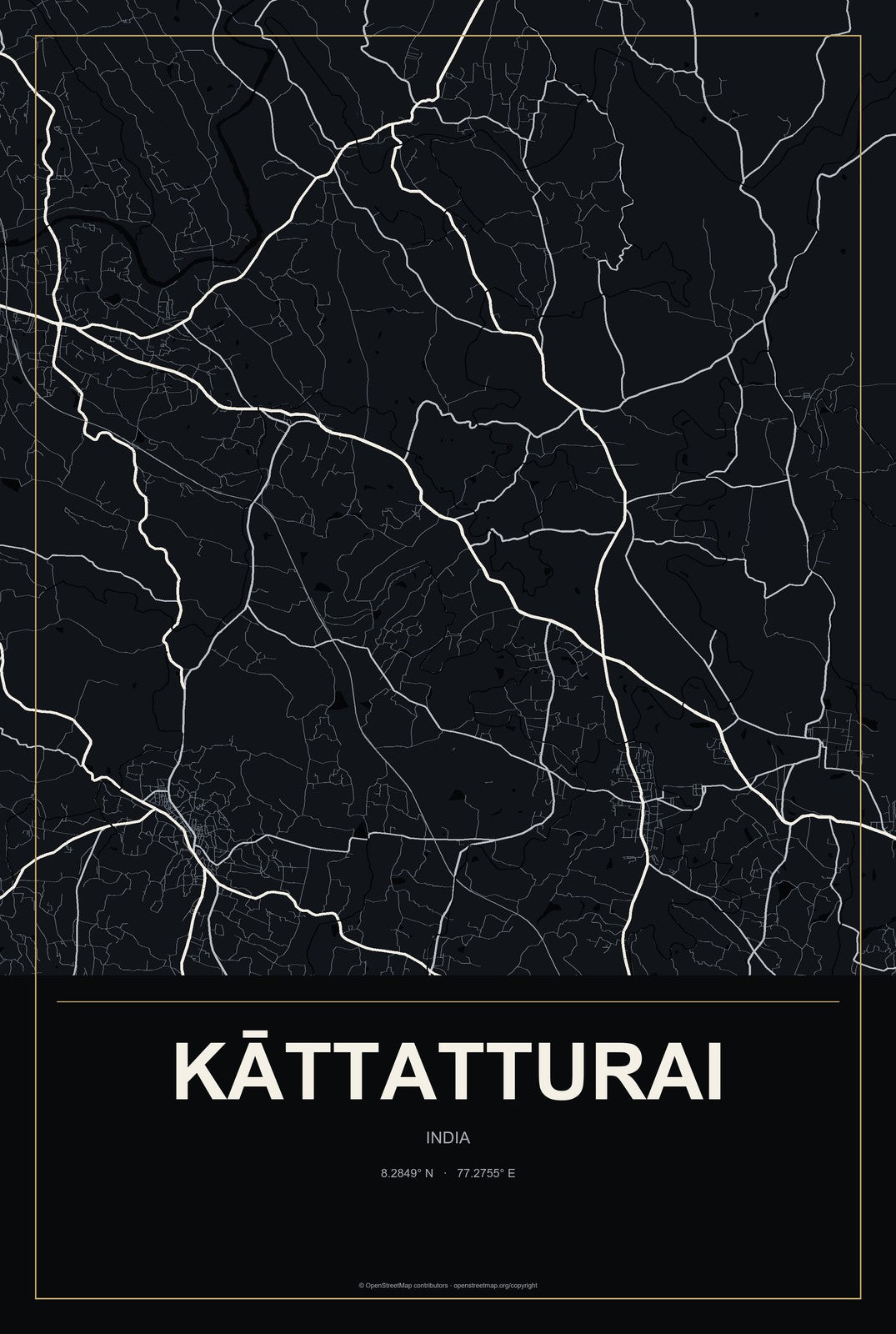 Kāttatturai, India City Map Aluminum Sign in Metropolitan Noir style